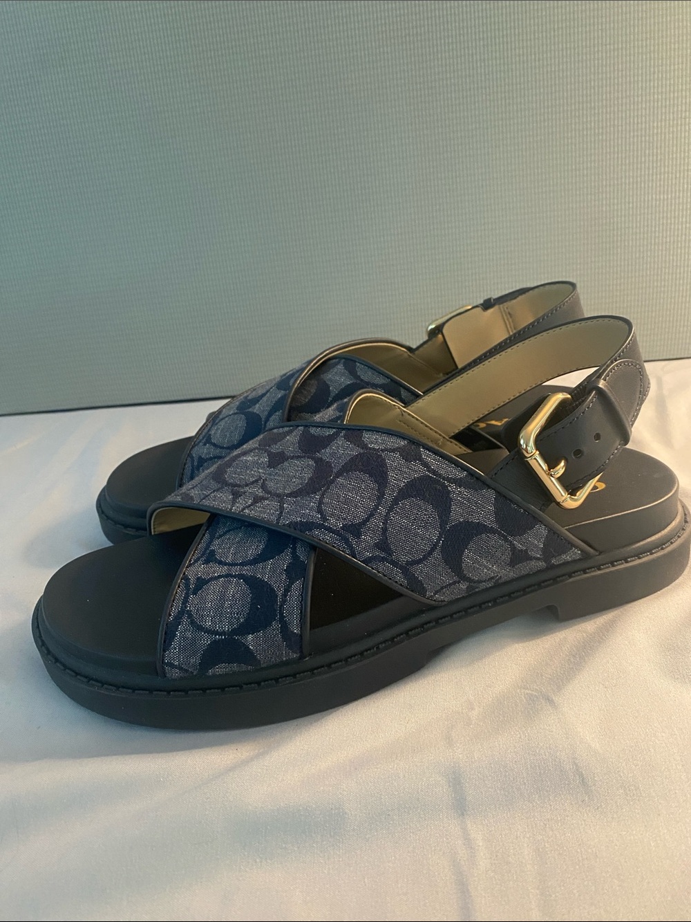 Coach Navy Signature Canvas Crossband Slingback Sandals